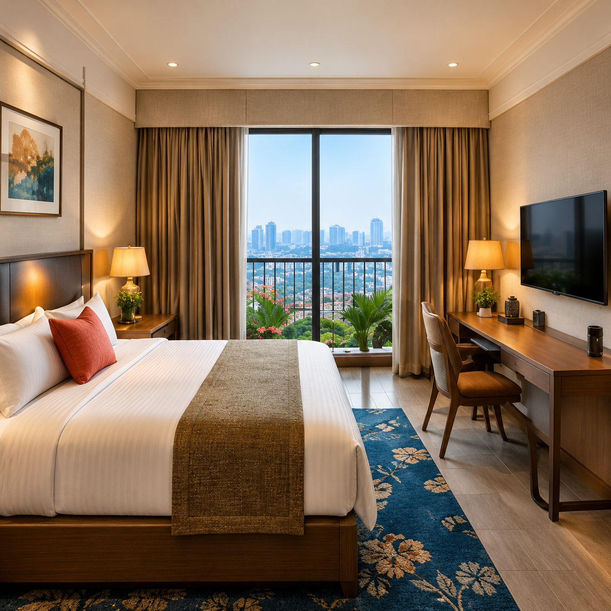 Standard Room with king bed, desk and large window